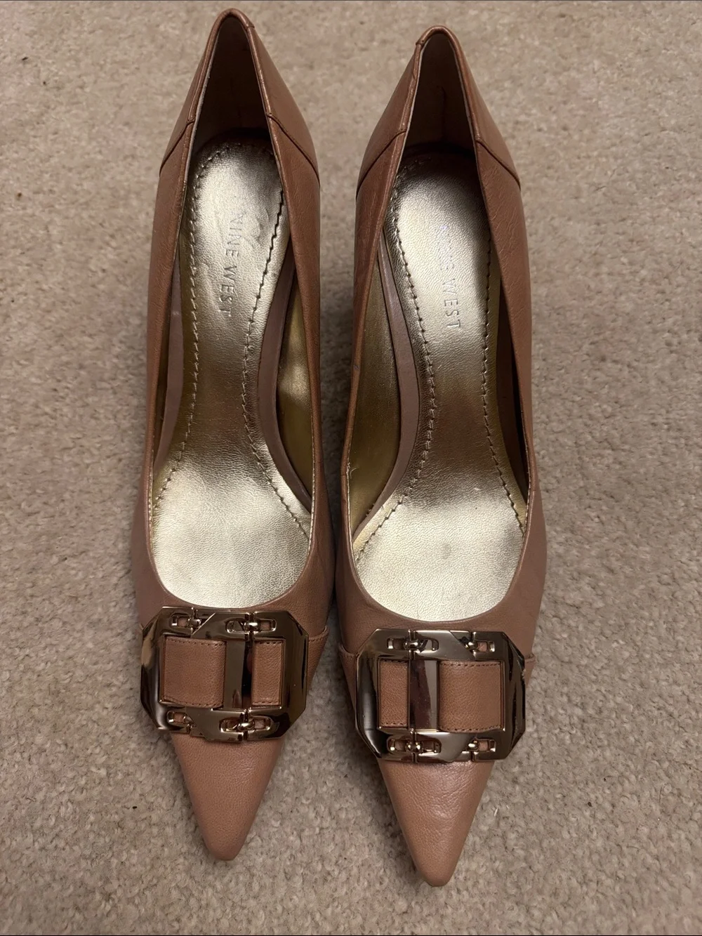 Nine West Taupe Pointed-Toe Pumps with Decorative Buckle